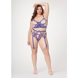 Sheer Stretch Mesh w/Floral Contrast Embroidery Bustier, Garter Belt & Thong Blue/Nude 3X/4X