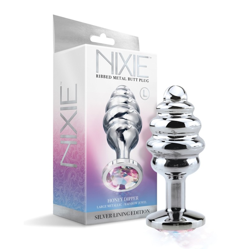 Nixie Honey Dipper Ribbed Metal Rainbow Jeweled Butt Plug - Large Nixie Honey Dipper Ribbed Metal Rainbow Jeweled Butt Plug - Large