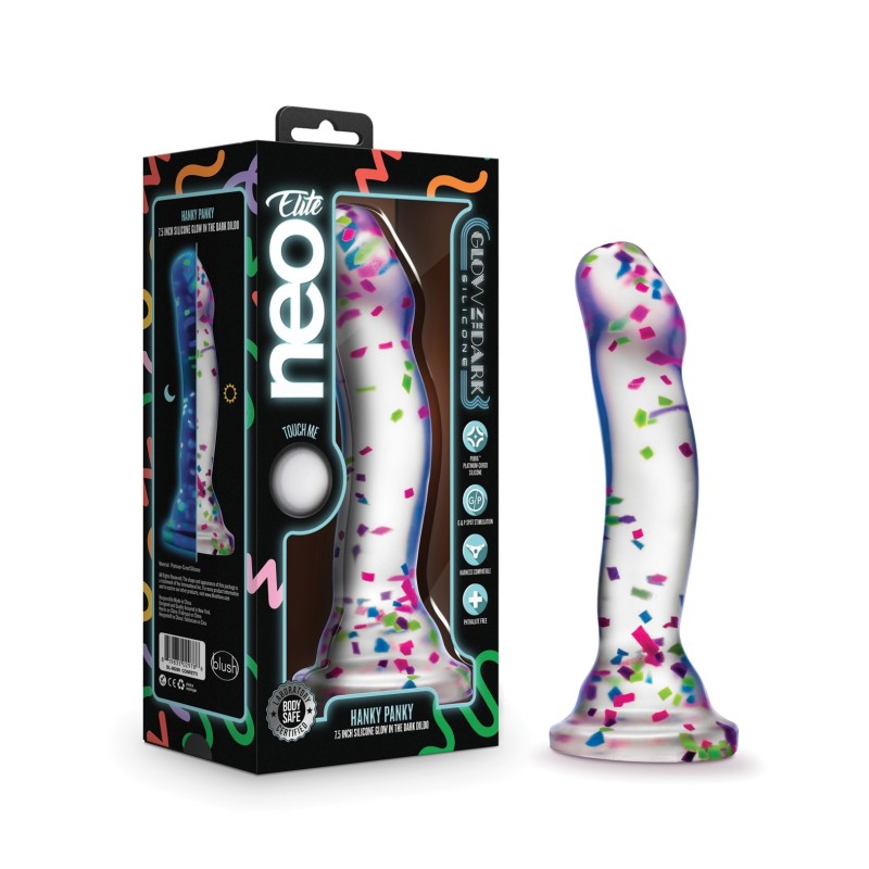Blush Neo Elite Hanky Panky 7" Confetti Dildo - Glow in the Dark Blush Neo Elite Hanky Panky 7" Confetti Dildo - Glow in the Dark