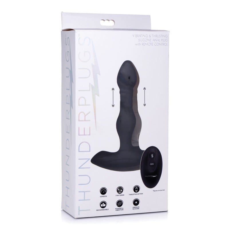 ThunderPlugs Silicone Vibrating & Thrusting Plug w/Remote - Black ThunderPlugs Silicone Vibrating & Thrusting Plug w/Remote - Black