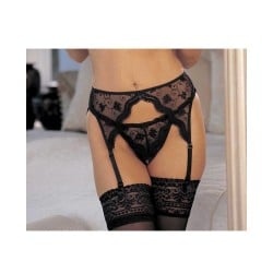 Scalloped Embroidery Garterbelt w/Adjustable Front & Back Garters Black O/S