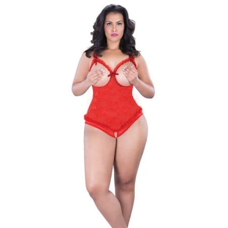 Lace Open Cup & Crotchless Teddy Red QN