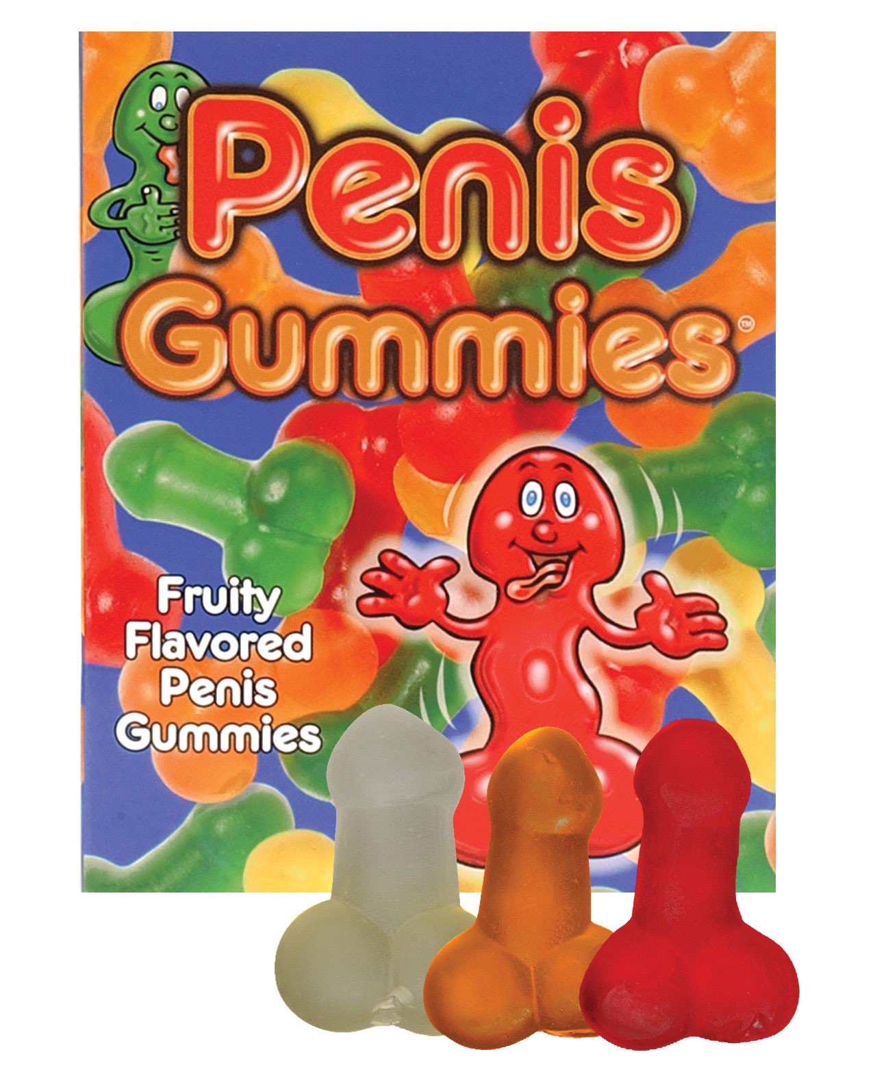 Chew on three different flavors of soft, gummy penis shaped candies. 