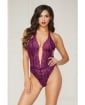 Floral Lace Teddy w/Halter Satin Ribbon Ties & Snap Crotch Purple O/S