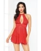 Valentines Lace Mesh Babydoll w/Strappy Waist & Panty w/Criss Cross Waistband Red SM