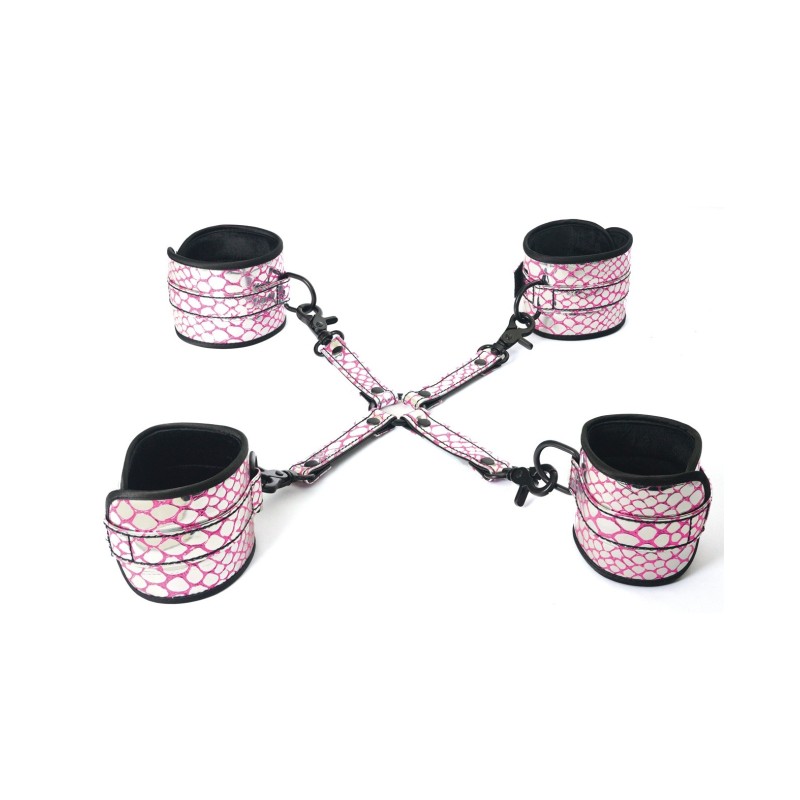 Spartacus Faux Leather Wrist & Ankle Restraints w/Hog Tie - Pink Spartacus Faux Leather Wrist & Ankle Restraints w/Hog Tie - Pink