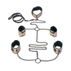 Spartacus Faux leather Collar to Wrist & Ankle Restraints Bondage Kit w/Leash - Gold