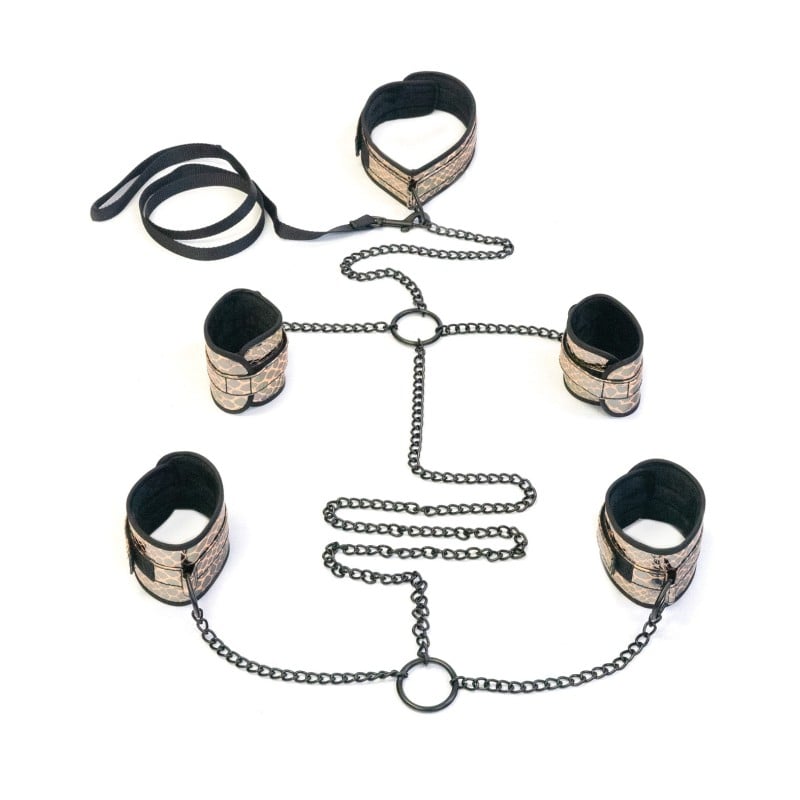 Spartacus Faux leather Collar to Wrist & Ankle Restraints Bondage Kit w/Leash - Gold Spartacus Faux leather Collar to Wrist & Ankle Restraints Bondage Kit w/Leash - Gold
