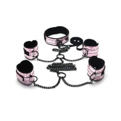 Spartacus Faux leather Collar to Wrist & Ankle Restraints Bondage Kit w/Leash - Pink
