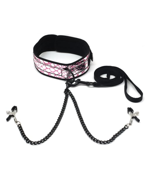 Spartacus Faux Leather Collar & Leash w/Black Nipple Clamps - Pink