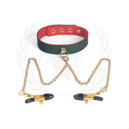 Spartacus PU Collar w/Nipple Clamps - Green