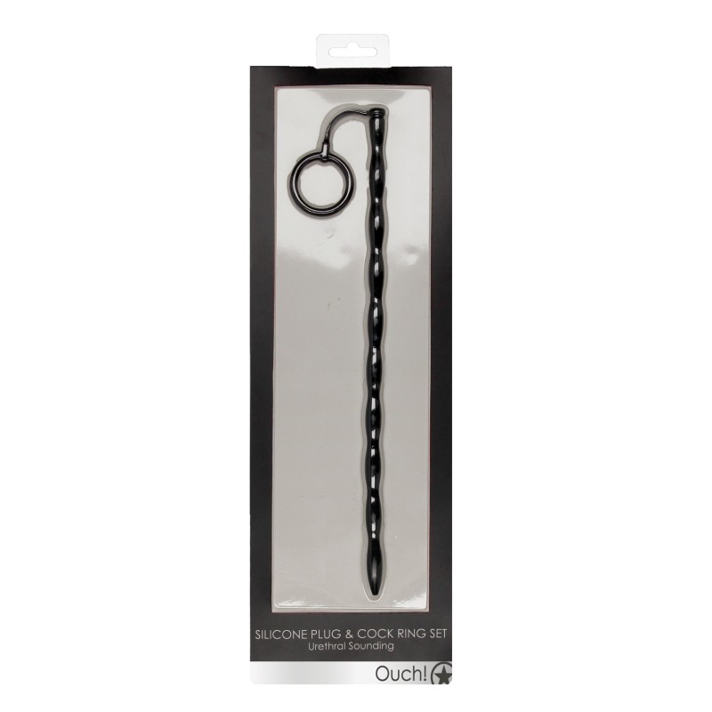 Shots Ouch Urethral Sounding Silicone Plug & Cock Ring Set - Black Shots Ouch Urethral Sounding Silicone Plug & Cock Ring Set - Black