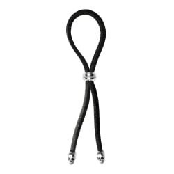 Bolo Cock Ring Leather Lasso Bead Slider w/Skull Tips - Black/Silver
