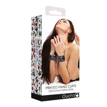 Shots Ouch Old School Tattoo Style Printed Hand Cuffs- Black