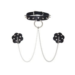Burlesque Slave 4 U Chain Neck Choker Leather Reusable Silicone Nipztix - Black O/S