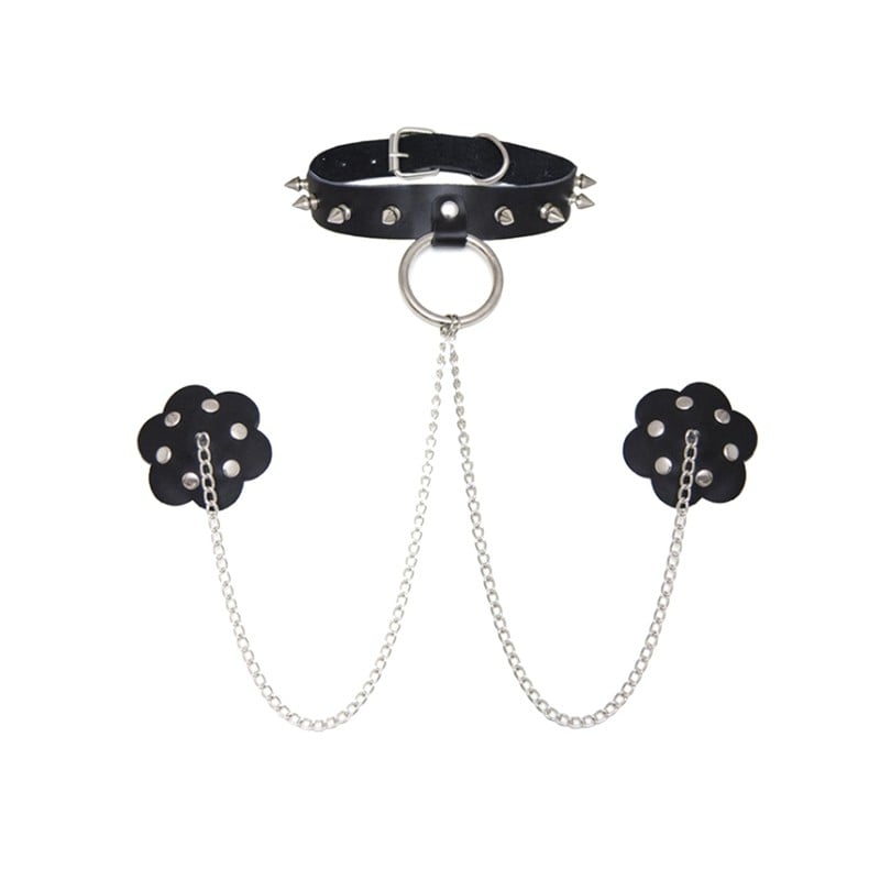 Burlesque Slave 4 U Chain Neck Choker Leather Reusable Silicone Nipztix - Black O/S Burlesque Slave 4 U Chain Neck Choker Leather Reusable Silicone Nipztix - Black O/S