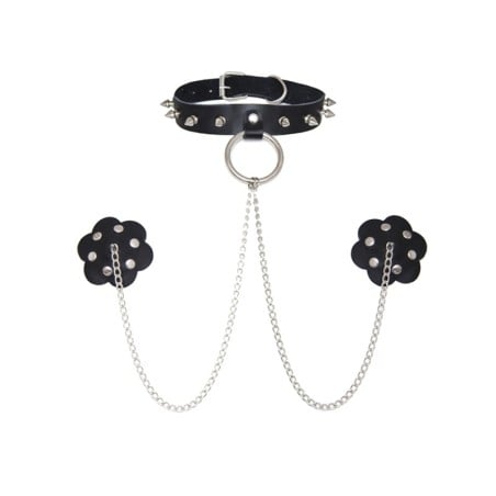Burlesque Slave 4 U Chain Neck Choker Leather Reusable Silicone Nipztix - Black O/S