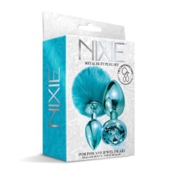 Nixie Metal Butt Plug Set w/Jewel Inlaid & Pom Pom - Blue Metallic