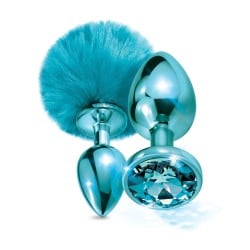 Nixie Metal Butt Plug Set w/Jewel Inlaid & Pom Pom - Blue Metallic