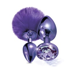 Nixie Metal Butt Plug Set w/Jewel Inlaid & Pom Pom - Purple Metallic