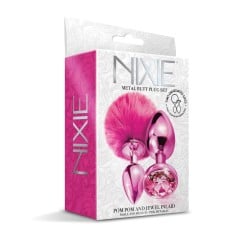 Nixie Metal Butt Plug Set w/Jewel Inlaid & Pom Pom - Pink Metallic