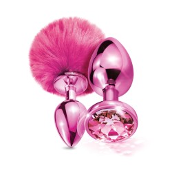 Nixie Metal Butt Plug Set w/Jewel Inlaid & Pom Pom - Pink Metallic
