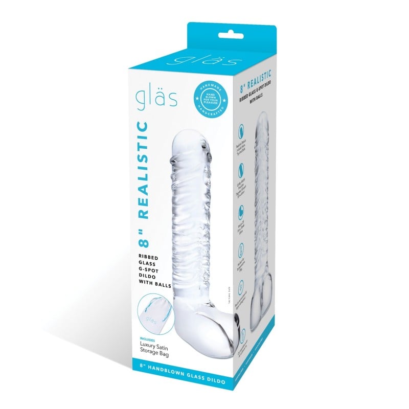 Glas 8" Realistic Ribbed Glass G-Spot Dildo w/Balls - Clear Glas 8" Realistic Ribbed Glass G-Spot Dildo w/Balls - Clear