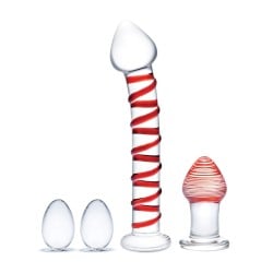 Glas 4 pc Mr. Swirly Set w/Glass Kegal Balls & 3.25" Butt Plug - Red