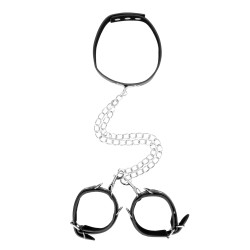 Shots Ouch Black & White Bonded Leather Collar w/Hand Cuffs - Black