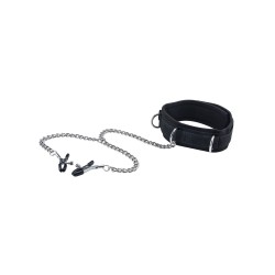 Shots Ouch Black & White Velcro Collar w/Nipple Clamps - Black