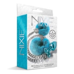 Nixie Metal Butt Plug w/Inlaid Jewel & Fur Cuff Set - Blue Metallic