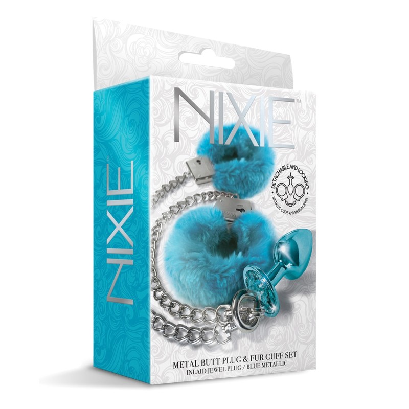 Nixie Metal Butt Plug w/Inlaid Jewel & Fur Cuff Set - Blue Metallic Nixie Metal Butt Plug w/Inlaid Jewel & Fur Cuff Set - Blue Metallic