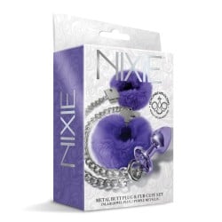 Nixie Metal Butt Plug w/Inlaid Jewel & Fur Cuff Set - Purple Metallic