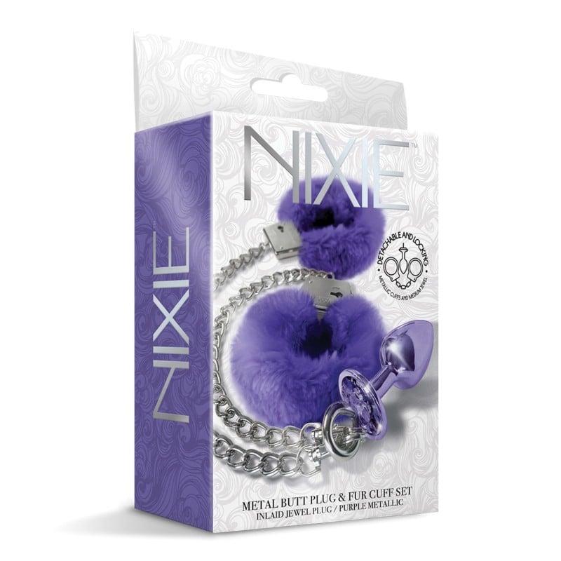 Nixie Metal Butt Plug w/Inlaid Jewel & Fur Cuff Set - Purple Metallic Nixie Metal Butt Plug w/Inlaid Jewel & Fur Cuff Set - Purple Metallic