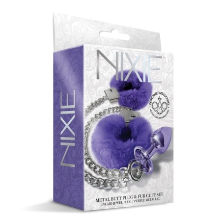 Nixie Metal Butt Plug w/Inlaid Jewel & Fur Cuff Set - Purple Metallic