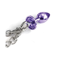 Nixie Metal Butt Plug w/Inlaid Jewel & Fur Cuff Set - Purple Metallic