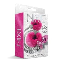 Nixie Metal Butt Plug w/Inlaid Jewel & Fur Cuff Set - Pink Metallic