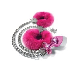 Nixie Metal Butt Plug w/Inlaid Jewel & Fur Cuff Set - Pink Metallic