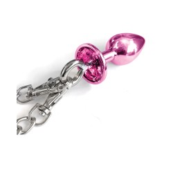 Nixie Metal Butt Plug w/Inlaid Jewel & Fur Cuff Set - Pink Metallic