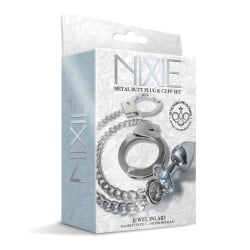 Nixie Metal Butt Plug w/Inlaid Jewel & Cuff Set - Silver Metallic