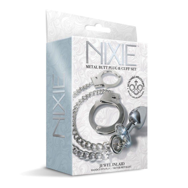 Nixie Metal Butt Plug w/Inlaid Jewel & Cuff Set - Silver Metallic