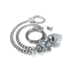 Nixie Metal Butt Plug w/Inlaid Jewel & Cuff Set - Silver Metallic