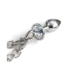 Nixie Metal Butt Plug w/Inlaid Jewel & Cuff Set - Silver Metallic