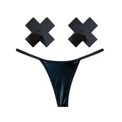 Neva Nude Naughty Knix Dom Squad Wet Vinyl G-String & Pasties - Black O/S
