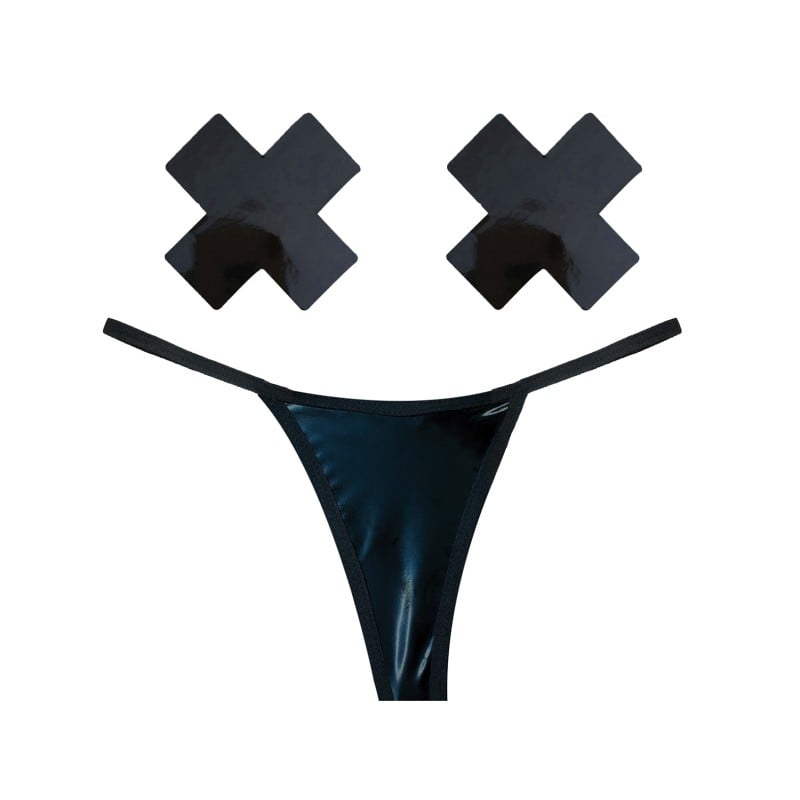 Neva Nude Naughty Knix Dom Squad Wet Vinyl G-String & Pasties - Black O/S Neva Nude Naughty Knix Dom Squad Wet Vinyl G-String & Pasties - Black O/S