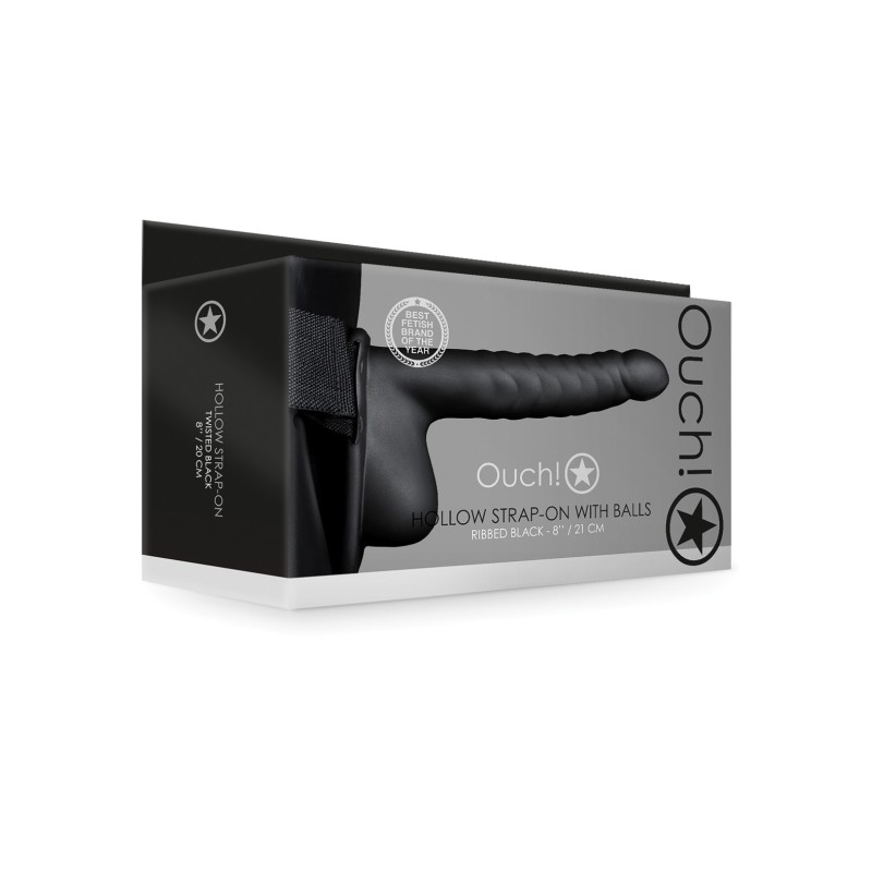 Shots Ouch 8" Ribbed Hollow Strap On w/Balls - Black Shots Ouch 8" Ribbed Hollow Strap On w/Balls - Black