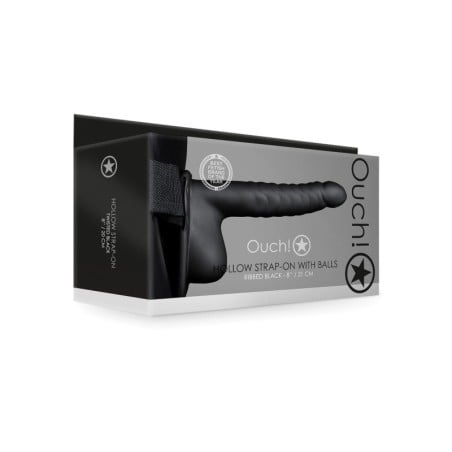 Shots Ouch 8" Ribbed Hollow Strap On w/Balls - Black